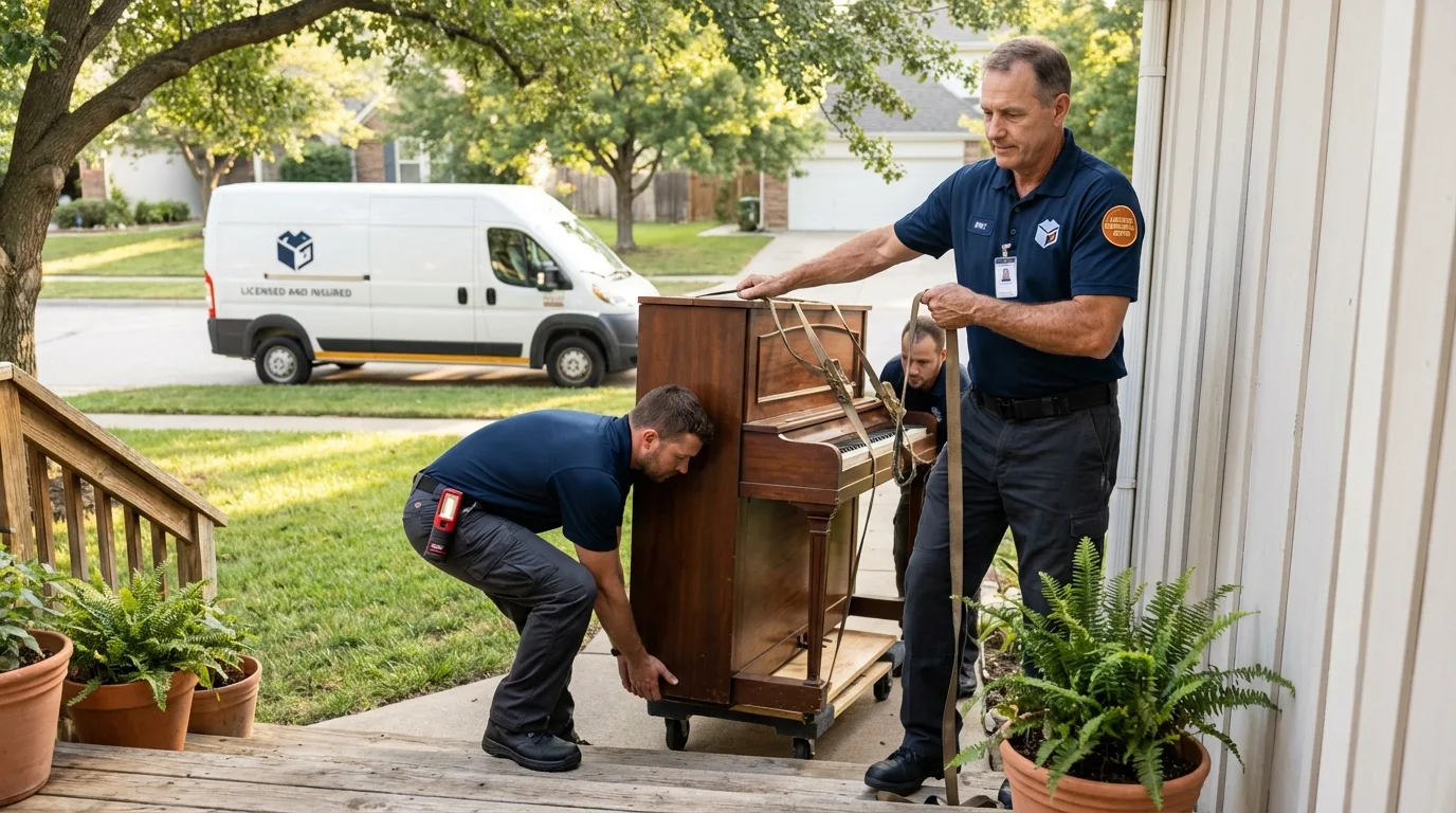 Licensed piano movers securing grand piano in Lynchburg, OH
