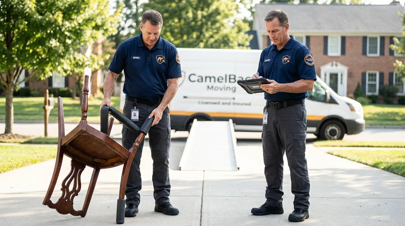 Movers inspecting furniture for damage prevention before loading in Lynchburg, OH