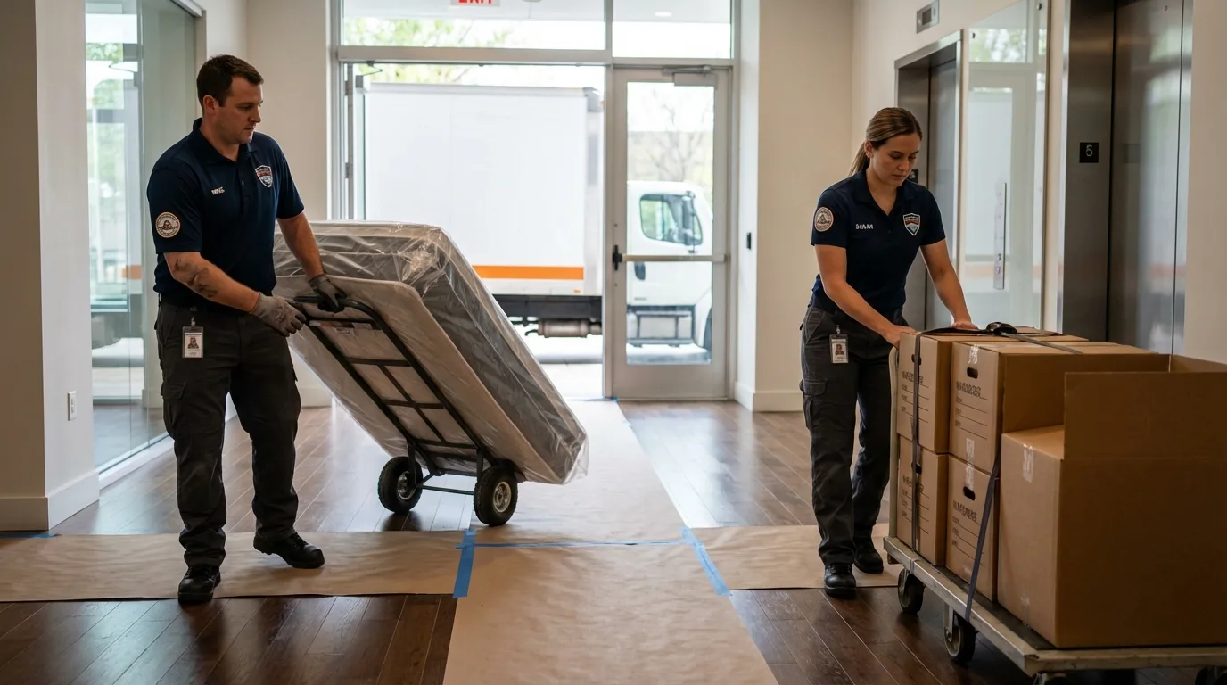 Professional apartment movers loading elevator in Lynchburg, OH