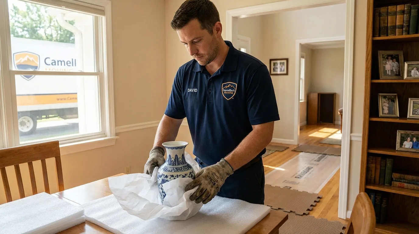 Professional crew carefully wrapping antique vase for senior downsizing move in Lynchburg, OH